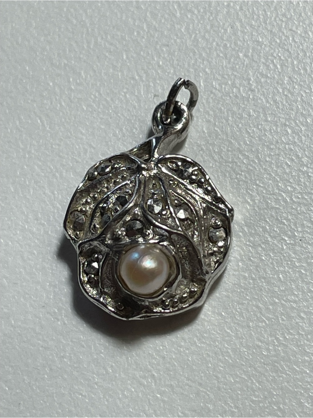 Vintage Marcasite Rose Flower Faux Pearl Pendant #9902